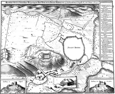 Plan de la ville de Brno en 1645, pendant le siège par les Suédois, par Merian - Matthaus Merian